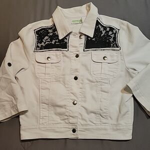 Dream Out Loud Jean Jacket Juniors XL White Denim Lace Upcycle OOAK Rework Art